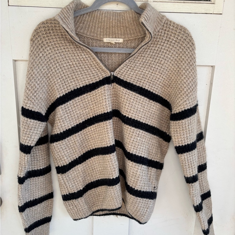 Copper Key Beige and Black Striped Turtleneck Sweater